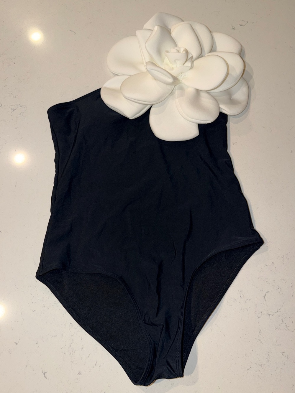 One-Shoulder Black Swimsuit with White Floral Accent, Size L - Picture 5 of 7
